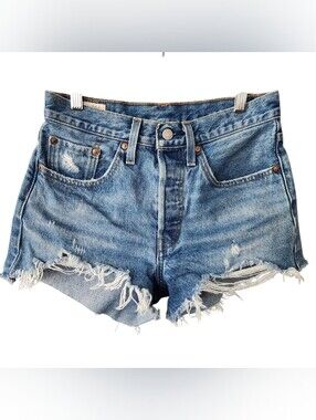 Levi's 501 Cut Off Blue Denim Shorts Distressed Frayed Button Fly Women Size 26